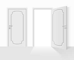 Open and closed white wooden doors vector illustration