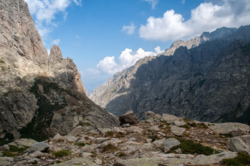 Beautiful landscape and high mountains in the area of Gorges de la Restonica on the island of Corsica