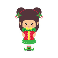 christmas cartoon cute elf with сhristmas gift