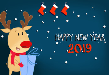 Happy New Year with deer and socks poster design. Inscription with Christmas deer holding gift box on blue background with socks and snowflakes. Can be used for postcards, invitations, greeting cards