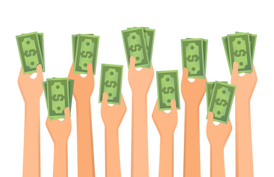 Hands holding money up. Vector illustration in flat style