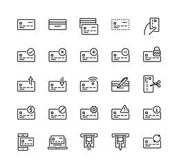 Bank card related vector icon set in thin line style