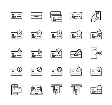 Bank card related vector icon set in thin line style