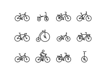 Bicycle vector icon set in thin line style with editable stroke