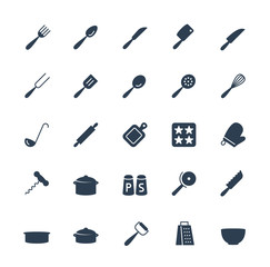 Kitchen utensils vector icons set in glyph style