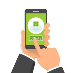 Hand holding smartphone with donate button on its screen, flat design style illustration