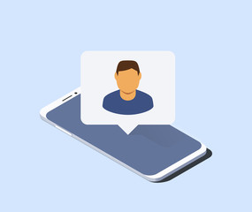 Smartphone and push notification with man avatar on it. Isometric vector illustration