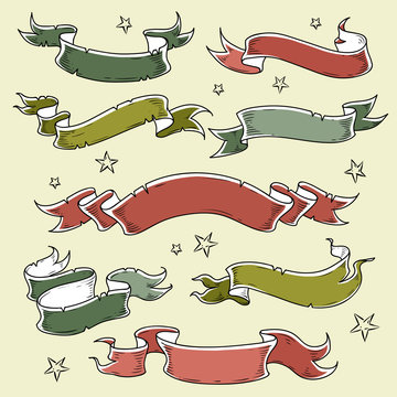 Set of colored holiday ribbons with stars and inscription 2019. Illustration for holiday labels ,sticker, greeting card