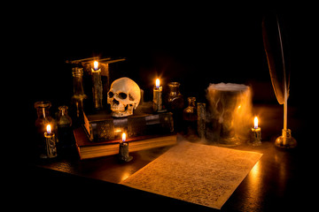 Wizard's Desk. A desk lit by candle light. A human skull, old books, a goblet, and potion bottles...