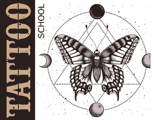 Tattoo school banner with butterfly, triangle geometry, moon phases and spray. Mystical symbol of soul, immortality