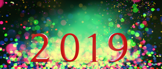 2019 happy new year number on colorful blurred lights background,3d illustration