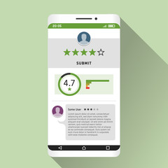 Smartphone and rating of mobile app on its screen. Flat design illustration