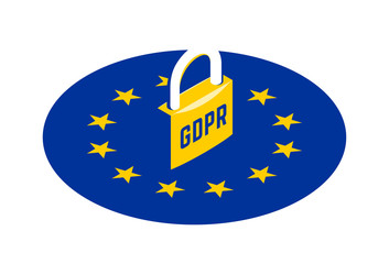 GDPR - General Data Protection Regulation. Yellow padlock on round EU flag. Vector isometric illustration