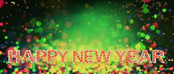 Happy new year marquee letters number on colorful blurred lights background,3d illustration