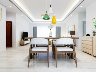 Dining area with modern family living room, dining table and chairs