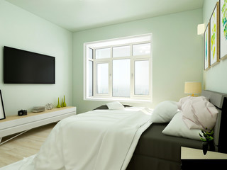 Light green tones bedroom, double bed and front TV cabinet and TV
