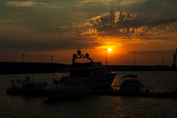 Ship sea at sunset