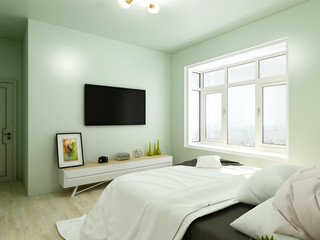 Light green tones bedroom, double bed and front TV cabinet and TV