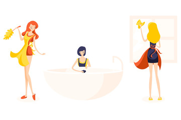 Set of three cute girl cleaners. Readhead dusting, Blonde washes the window and brunette washes a bath with a mop.