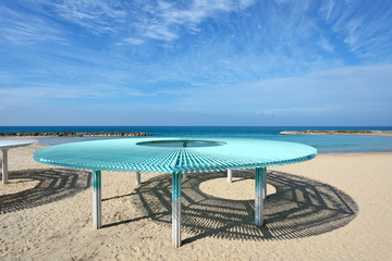 Solar canopy on the beach of Mediterranean sea.