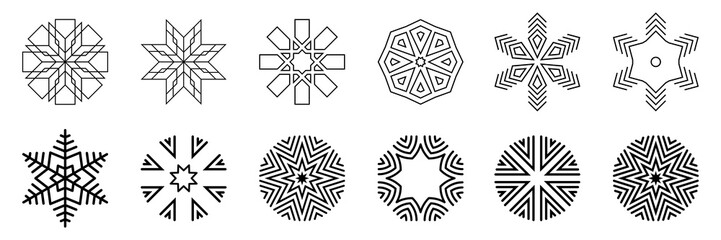 Snowflakes set. Isolated on white background. Flat snow icons, silhouette. Geometric design elements for Christmas decoration. Crystal, ice  elements. Vector monochrome illustration.