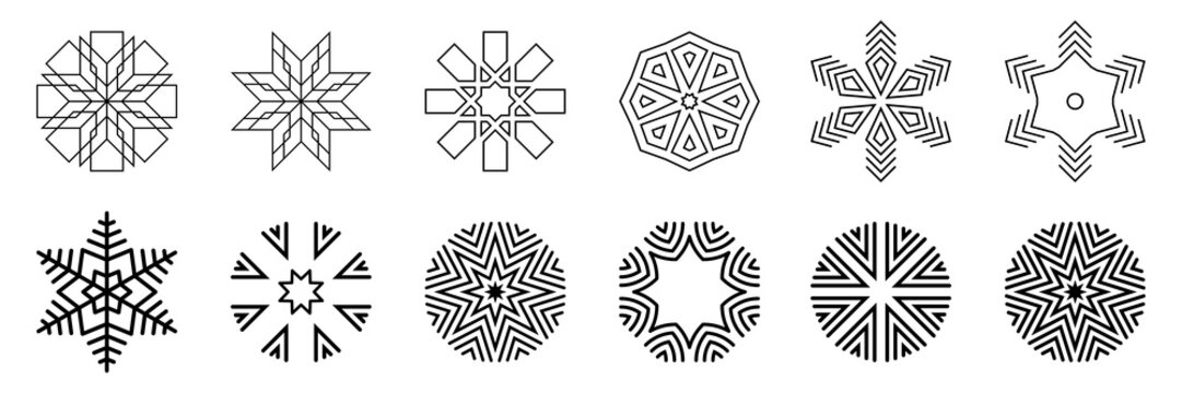 Snowflakes set. Isolated on white background. Flat snow icons, silhouette. Geometric design elements for Christmas decoration. Crystal, ice  elements. Vector monochrome illustration.