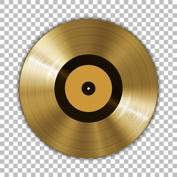 Gramophone golden vinyl LP record template isolated on checkered background. Vector illustration