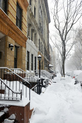 Street in Manhattan New York during middle of snowstorm with snow falling - 235305564