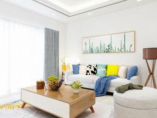 Spacious and clean living room design, sofa, coffee table and decorative painting, TV, etc.