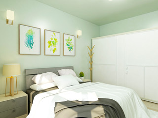 Light green tones bedroom, double bed and white custom closet