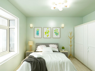 Light green tones bedroom, double bed and white custom closet