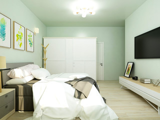 Fototapeta na wymiar Elegant family I design, big bed with white wardrobe, and TV
