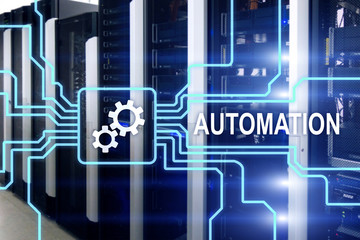 Automation of business Process and innovation technology in manufacturing. Internet and technology concept on server room background.