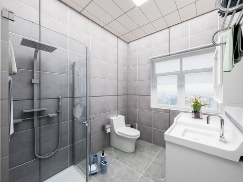 Modern family bathroom design with toilet, washing machine, shower and mirror