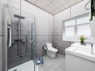 Modern family bathroom design with toilet, washing machine, shower and mirror