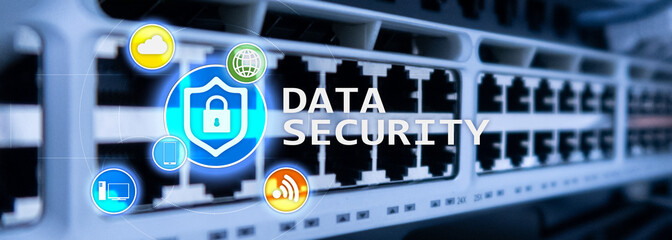 Data security, cyber crime prevention, Digital information protection. Lock icons and server room background.