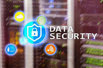 Data security, cyber crime prevention, Digital information protection. Lock icons and server room...