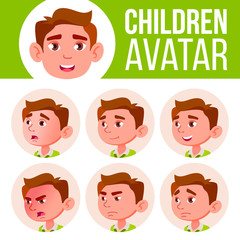 Boy Avatar Set Kid Vector. Primary School. Face Emotions. Expression, Positive Person. Placard, Presentation. Cartoon Head Illustration