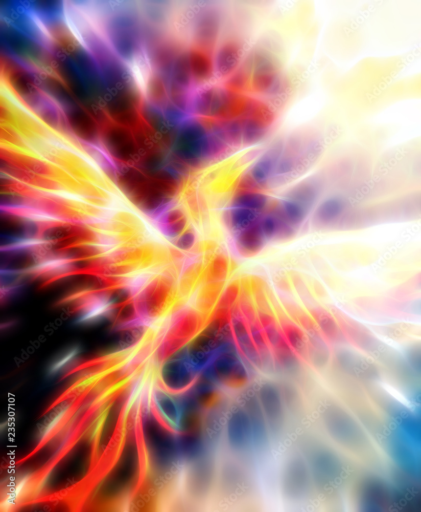 Poster flying phoenix bird as symbol of rebirth and new beginning. fractal effect.