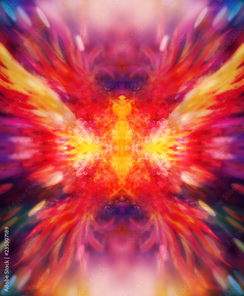 Poster shamanic extatic vision theme with phoenic wings.