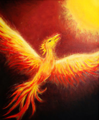 Flying phoenix bird as symbol of rebirth and new beginning.