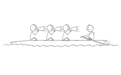 Cartoon stick drawing conceptual illustration of four men or businessmen on the rowing boat, one man is rower, three men are coxswains. Business concept of non-functional teamwork or team. © Zdenek Sasek