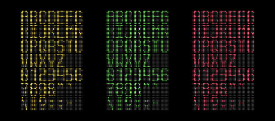 Digital yellow, green and red led font isolated on black background, vector illustration