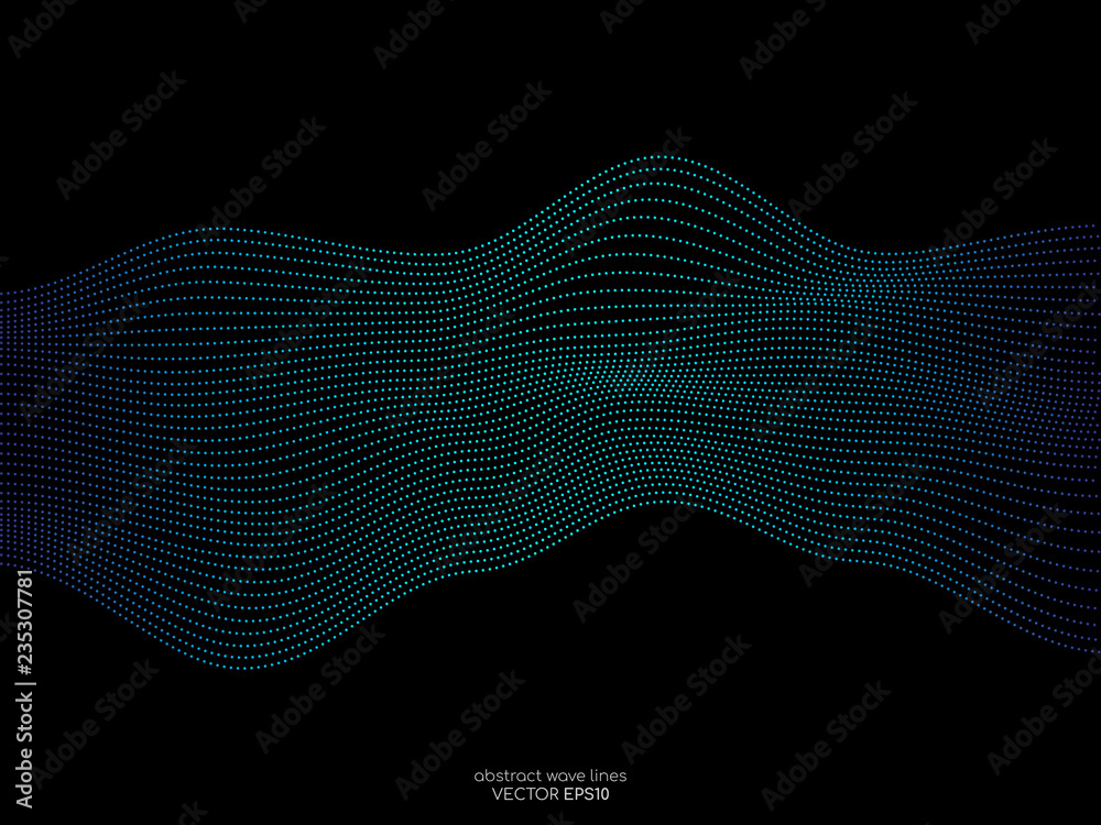 Aufkleber Abstract vector dotted wave lines pattern green and blue colors isolated on black background for design elements in concept technology, modern, science.