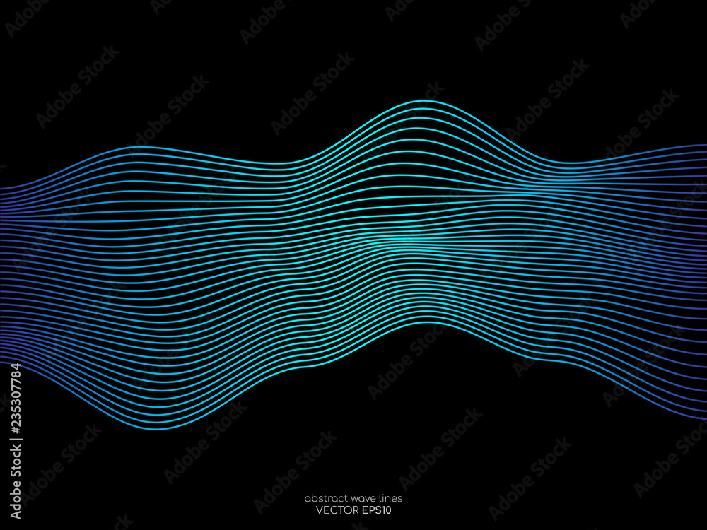Aufkleber Abstract vector wave lines green and blue colors isolated on black background for design elements in concept technology, modern, science.