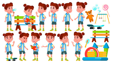 Fototapeta premium Girl Kindergarten Kid Poses Set Vector. Happy Children Character. Babysitting. For Advertisement, Greeting, Announcement Design. Isolated Cartoon Illustration