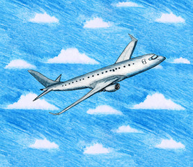 Naklejka premium Hand drawn illustration of gray airplane in flight and sky with white clouds in color pencils style