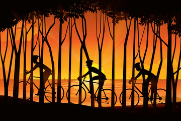 Group of cyclist riding on the road with scenery of sunset on the horizon over the forest trees with sea landscape. Vector illustration of cycling sport concept