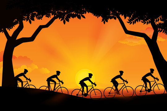 Group of cyclist riding on the road with scenery of sunset on the horizon over the sea landscape. Vector illustration of cycling sport concept