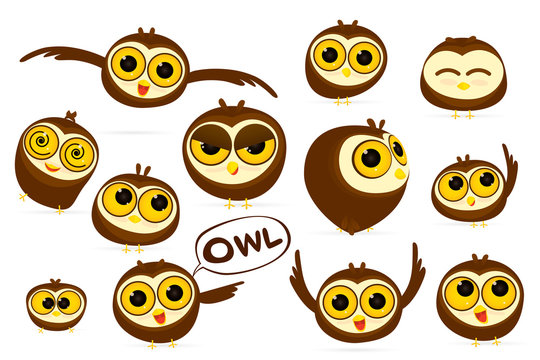 Set of owls cartoon character with different emotions isolated on white background. Vector illustration